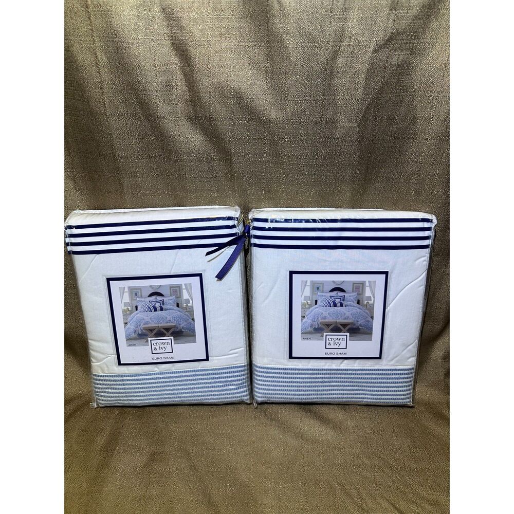 New Set of 2 Crown & Ivy Euro Sham Blue and White Aiken 26x26 Cotton